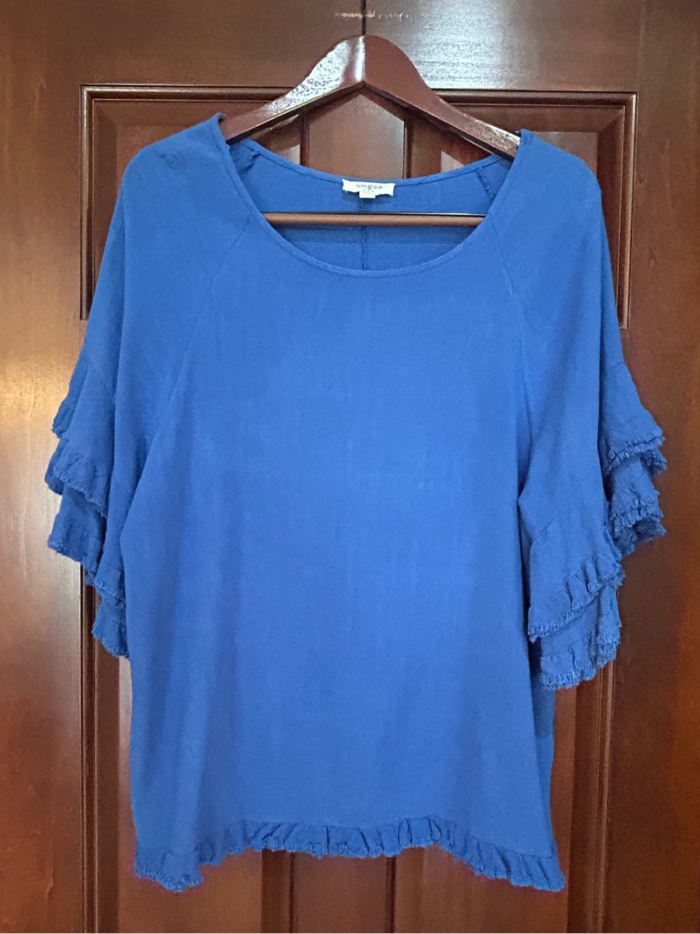 Umgee Blue Ruffle Sleeve Top Oversized Small Linen Cotton Boho Blouse